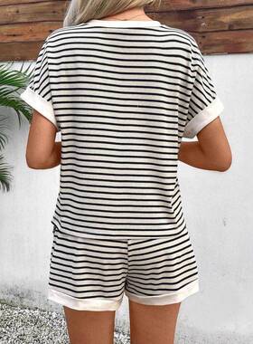 2 Piece Set Women ' s Knit Lounge Set Summer Striped Round