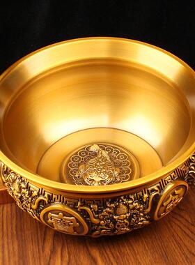 黄铜聚宝盆客厅玄关办公室浮雕复古狮头盆仿古色金色桌面摆件