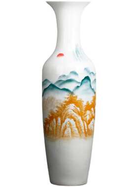 现代大插花手绘陶瓷客厅大新装饰花瓶写意山水落地摆件镶嵌中式