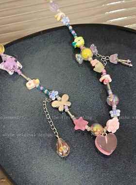 可爱甜妹彩色串珠糖果项链女小众设计感颈链多巴胺甜酷辣妹锁骨链