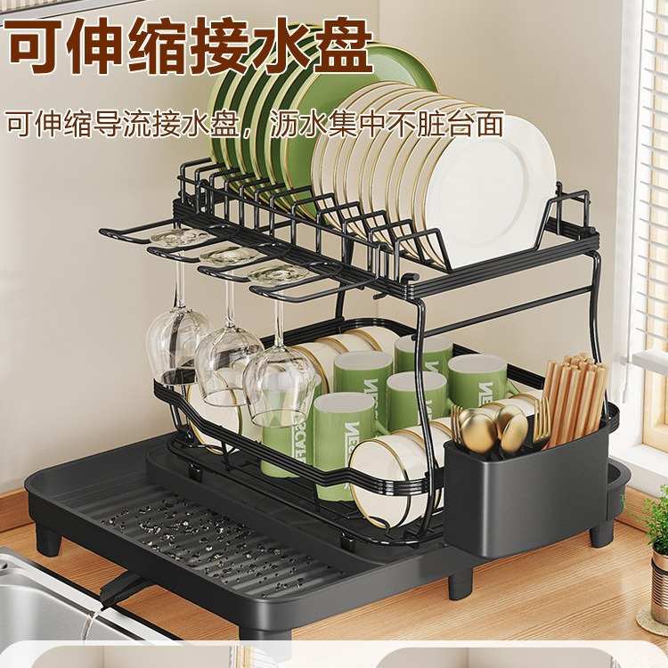 厨房多用途家用台面沥水收纳置物架碗碟筷架免打孔伸缩水盘碗碟架 - 图0