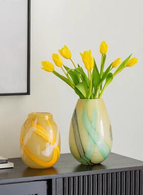 中古琉璃花瓶渐变晕染手工半然家居轻奢高级感艺术花器插花摆件大