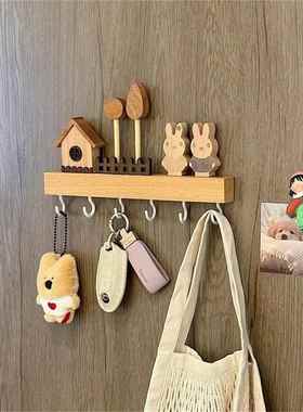 钥匙收纳玄关摆件壁挂式免打孔收纳架榉木挂钩中古风门口墙上装饰