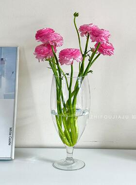 法式高脚杯水晶玻璃花瓶浮雕复古摆件轻奢高档客厅餐桌插花瓶小众