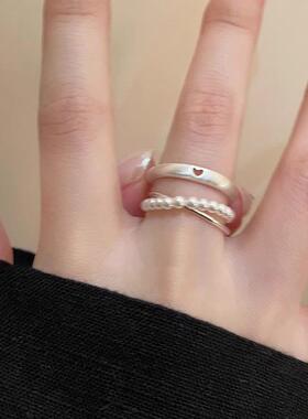 日韩爱心拉丝素圈开口戒指女时尚个性小众设计高级感可调节食指环