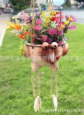 跨境新款可爱花盆花园装饰挂件户外庭院小鸟吊脚花盆树脂挂件