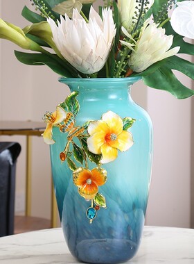 轻奢珐琅彩桌面大花瓶客厅玻璃干花插花摆件欧式家居玄关创意花瓶