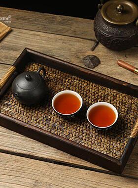 泰国长方形藤编饰品托盘木质中式茶盘家用复古木盘中古实木盘托