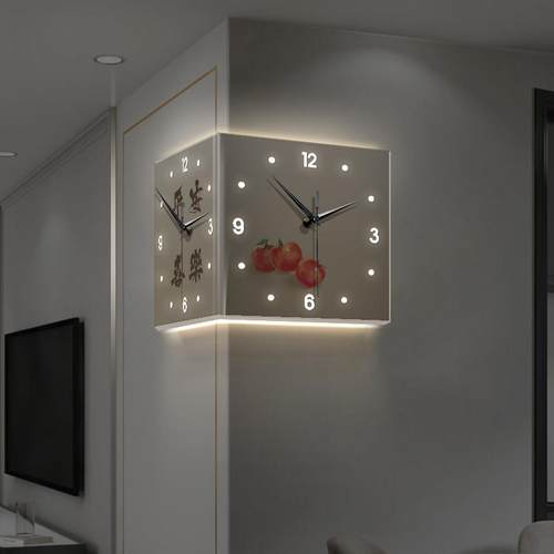 平安喜乐双面拐角挂钟客厅免打孔静音创意时钟壁灯画转角钟表挂墙 - 图1