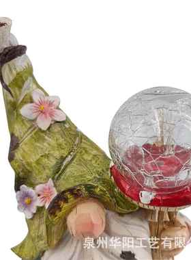 花园太阳能灯侏儒精灵摆件树脂工艺品园艺小矮人举裂纹玻璃球装饰