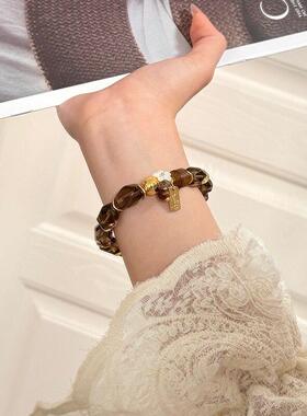 【咖啡闪糖】原创复古精致冰曜石随型珠水晶手串女贝壳花手链