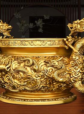 黄铜九龙香炉摆件大号圆底炉双龙家用室内供奉香薰炉工艺品龙戏珠