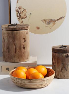 新中式简约木装饰罐储罐摆件样板间客厅入口架储罐摆件