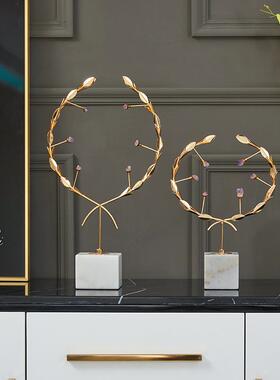 跨境欧式轻奢植物金属摆件高级感家居客厅水晶花环装饰礼品工艺品