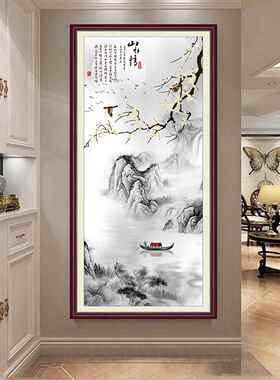 欢迎松木墙面贴纸纸中国风高山流水垂直风景不干胶入口通道走廊入