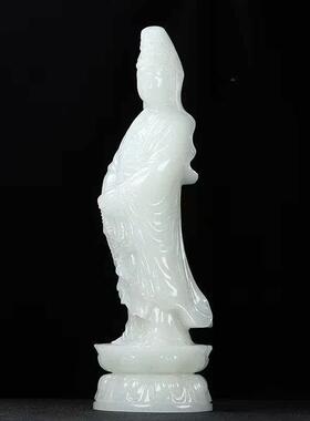 白玉观音摆件阿富汗玉佛像供奉禅意寺庙家用祠堂莲花站观世音菩萨
