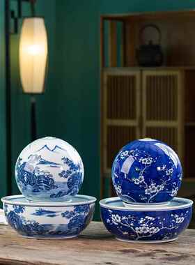正品创中式意装青摆花陶瓷流水器喷泉加湿件客厅桌面家居饰开业礼