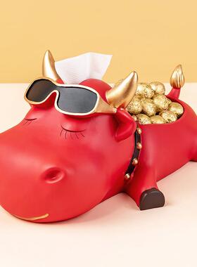 创纸巾盒玄关钥年匙收纳牛摆件招财客家厅意茶EKD4136几软装饰品