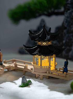 带灯八角阁楼凉亭微景观造景小摆件微景观鱼缸造景中式古建筑模型