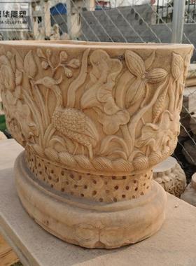 石雕鱼缸花盆青石水缸天然石头荷花缸养鱼池门海石缸庭院圆形石槽