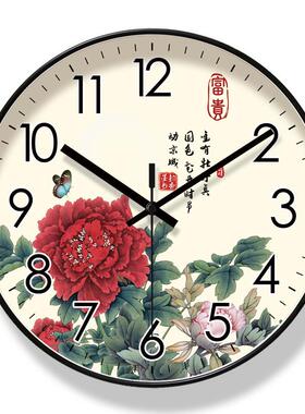 6595挂钟国风荷花客厅钟表新中式时钟水墨画静音扫秒长续航石英钟