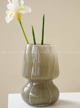中式玻璃花瓶灰色肌理凹凸条纹极简插花器轻奢水养郁金香玫瑰摆件