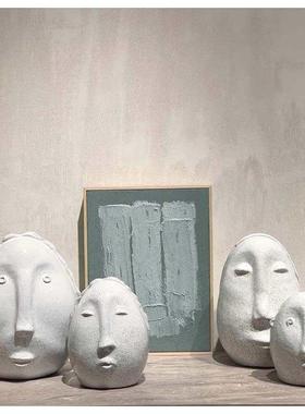 日式侘寂美学黑色白色人脸雕塑摆件北欧复古书房玄关柜陶瓷工艺