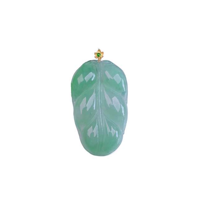 Burmese natural jade genuine 18k gold buckle ice full green full color high-end flash gold branch jade leaf jade pendant