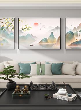 网红千里江厅山装图客饰画高背级感山水画沙发墙景挂画三联画大气