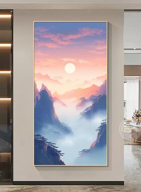 朝日东升入口大厅装饰画水墨风格紫色空气东来壁画走廊过道尽头竖
