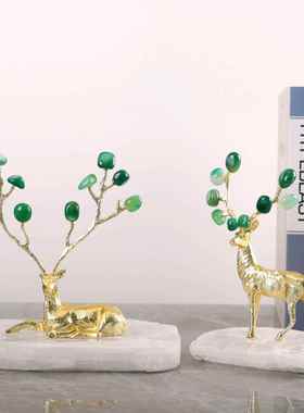 现代奢石石底座家绿色轻玛瑙鹿摆件客厅电视柜W0242书房桌面膏居