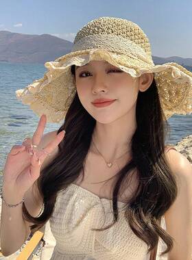 海边拍照日系蕾丝草帽女夏天沙滩度假旅游遮阳防晒渔夫帽遮阳帽