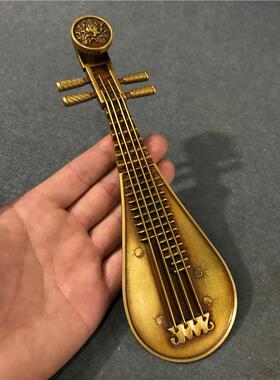 古玩铜器仿古收藏品纯铜黄铜琵琶型香插家居装饰吉他摆件