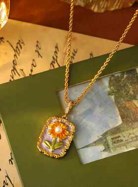 莫奈花园法式向日葵油画框项链高级感淡水珍珠颈链复古优雅毛衣链