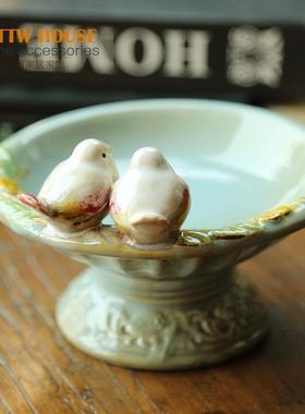 美式乡村时尚陶瓷浅蓝色对鸟花朵果盘 肥皂瓜子碟客厅桌面摆件