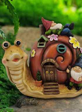 庭院装饰品花园亮灯侏儒精灵雕像太阳能蜗牛树脂工艺品小矮人摆件