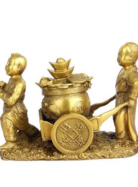 朴器 铜童子推车送财摆件家居装饰开业礼品