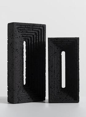 中式火山石黑色方砖树脂摆件简约现代轻奢家居客厅软装饰品工艺品