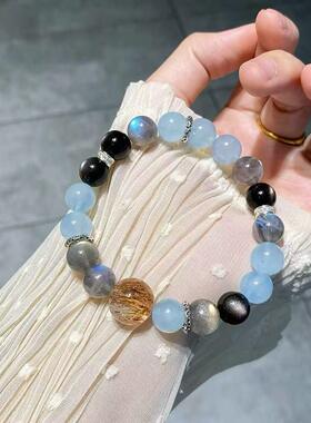 天然海蓝宝绿萤石绿阿塞灰月光石银曜石白幽灵紫阿塞手链精致手串