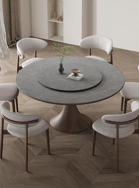 哑光岩板餐桌圆形带转盘8人餐台现代简约意式高端白蜡木实木圆桌