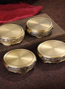 黄铜彷古雕花圆形底座中式田园山水香炉底座家用工艺礼品摆饰底托