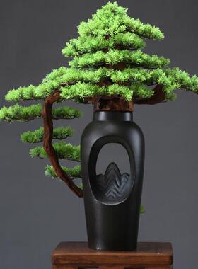 新中式迎客松摆件客厅玄关桌仿真盆景禅意罗汉假松茶室家居装饰品
