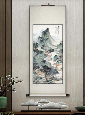 张大千山水画 画新中式卷轴挂画 画竖版玄关过道装饰画 画客厅饭