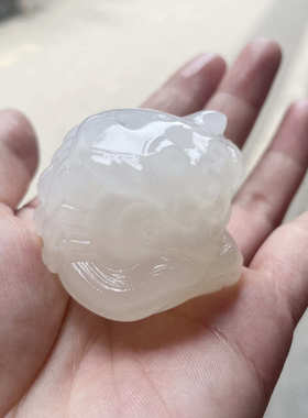阿富汗玉醒狮头青白玉醒狮手把件天然玉石雕刻白玉醒狮糖料醒狮
