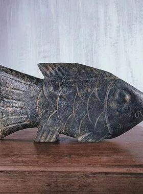 新中式客厅玄关玉石石头鱼摆件创意书房博古架装饰品雕塑天然石雕