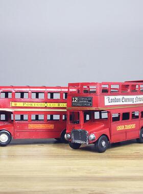 FQW复古英窗伦双层型巴士汽车模件摆铁艺公交车客厅橱装饰面包玩