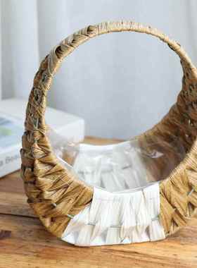 仿藤手提花篮鲜花绿植花盆柳编干花插花田园多肉蓝子藤编装饰摆件