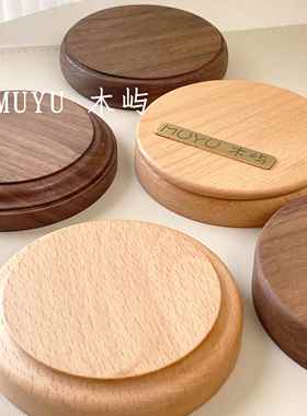 榉木胡桃木正圆形泥塑粘土人偶手办盲盒展示摆件装饰实木摆件底座