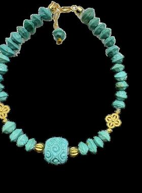 天然原矿高瓷绿松石百香籽手链 云纹珠18k金配饰单圈手串珠链16mm