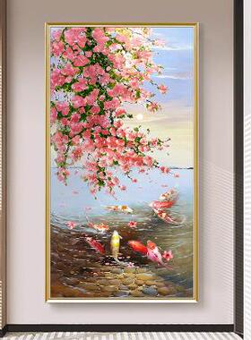 鱼图饰纯手绘油画玄关饰画新中式壁风景挂YOZ画现代画客厅装装画